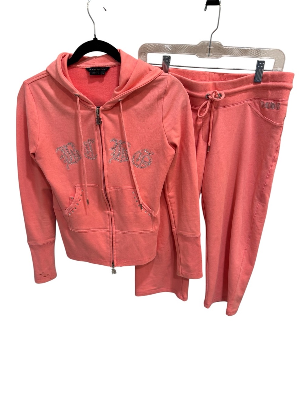 BCBGMAXAZRIA Womens Hooded Drawstring Full Zip Sweat Set Capri Size M Rhinestone
